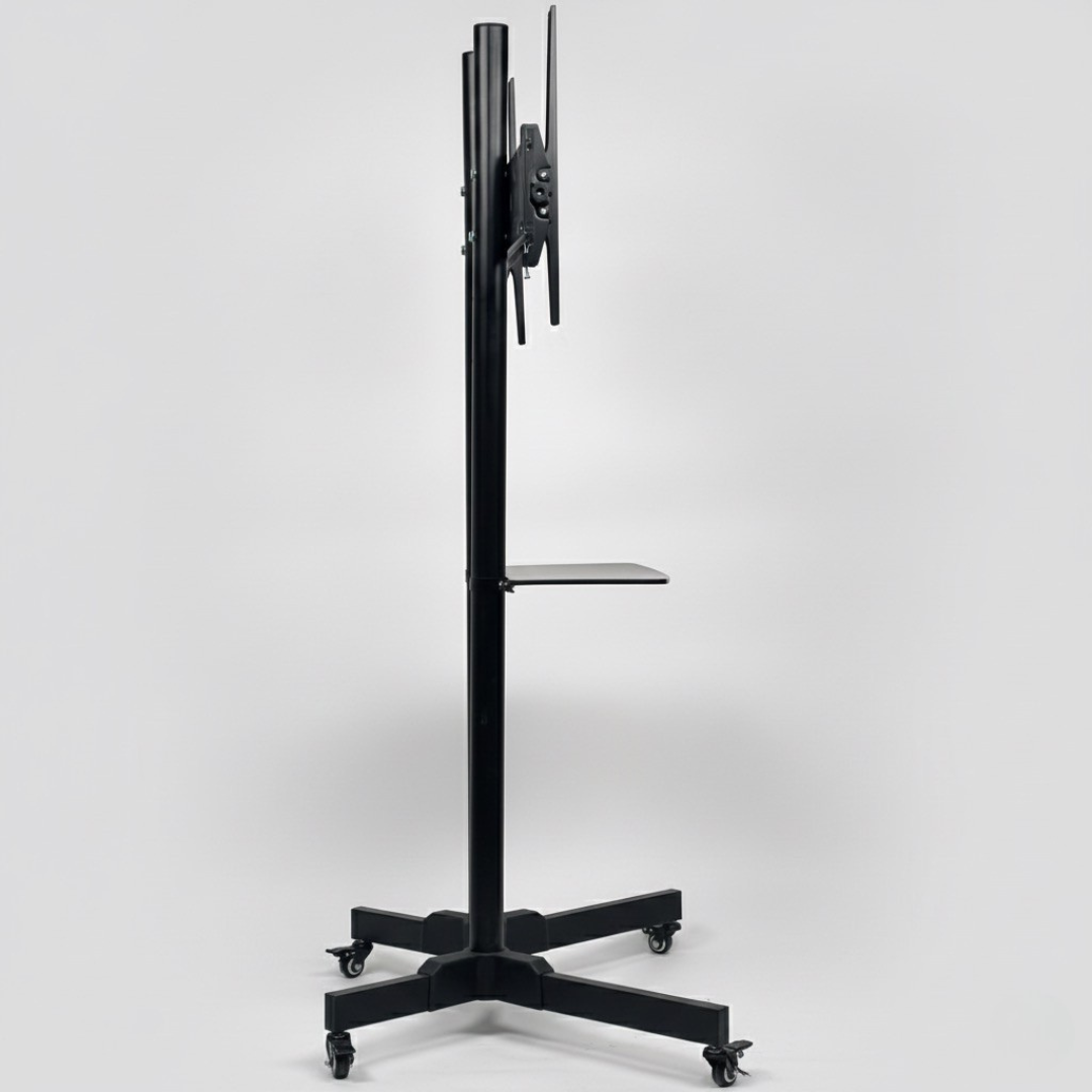 حامل تلفزيون متحرك شديد التحمل بعجلات ورف، مناسب لأجهزة التلفزيون من 32 إلى 75 بوصة